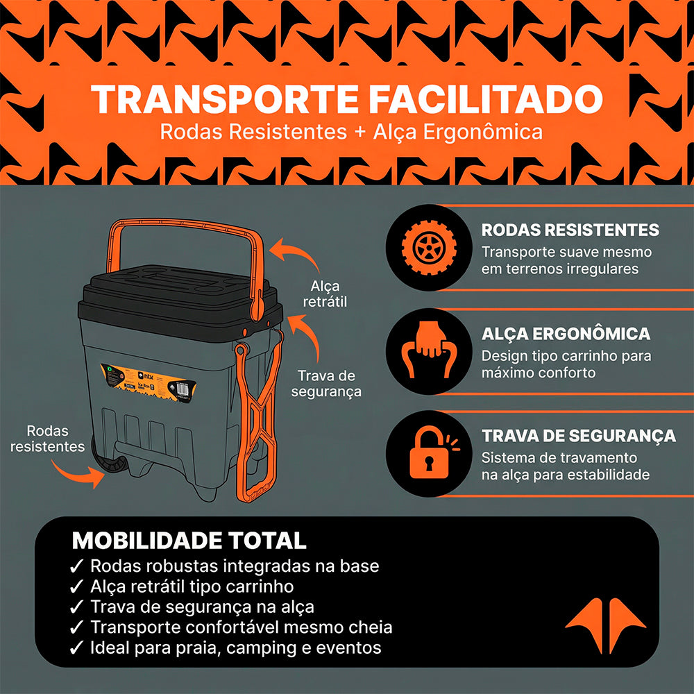 Caixa Térmica Ice Box 34 Litros NTK com Rodas, Porta Latas na Tampa
