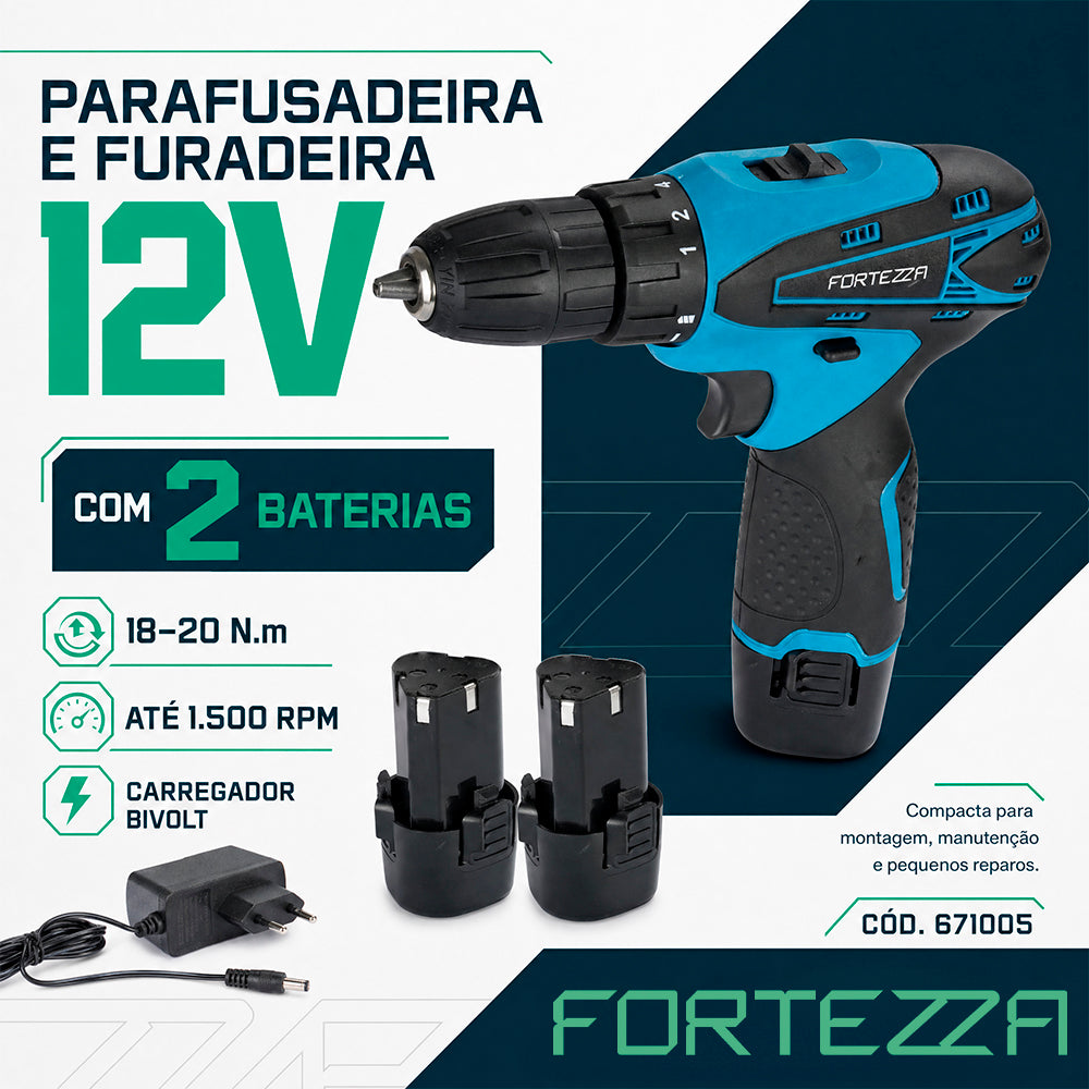 Maleta com parafusadeira e furadeira 12V com 2 baterias Fortezza
