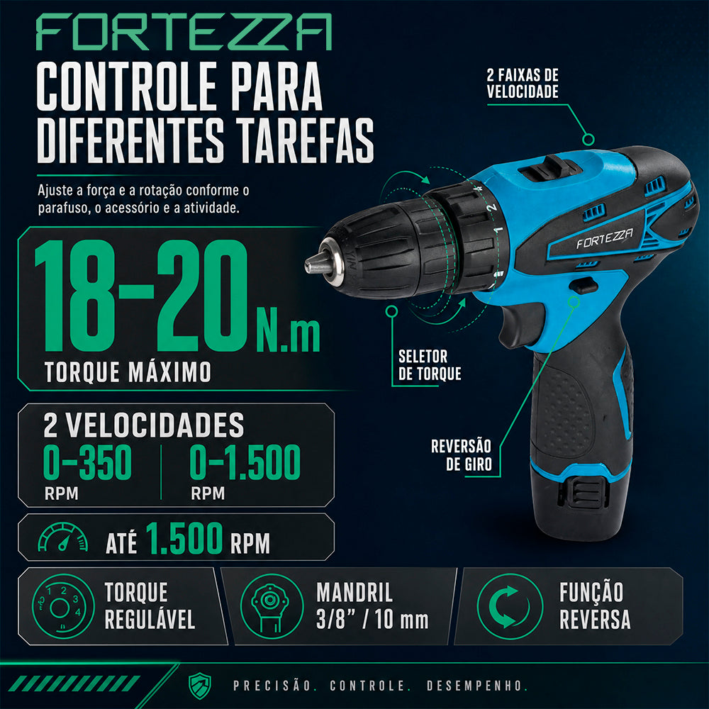 Maleta com parafusadeira e furadeira 12V com 2 baterias Fortezza