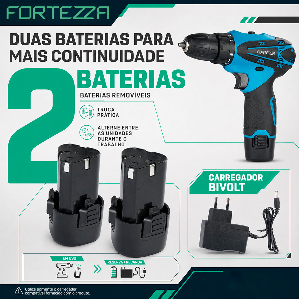 Maleta com parafusadeira e furadeira 12V com 2 baterias Fortezza