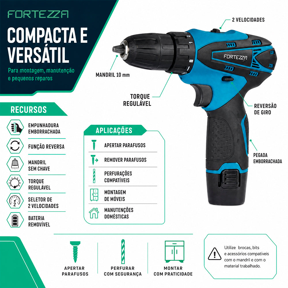 Maleta com parafusadeira e furadeira 12V com 2 baterias Fortezza
