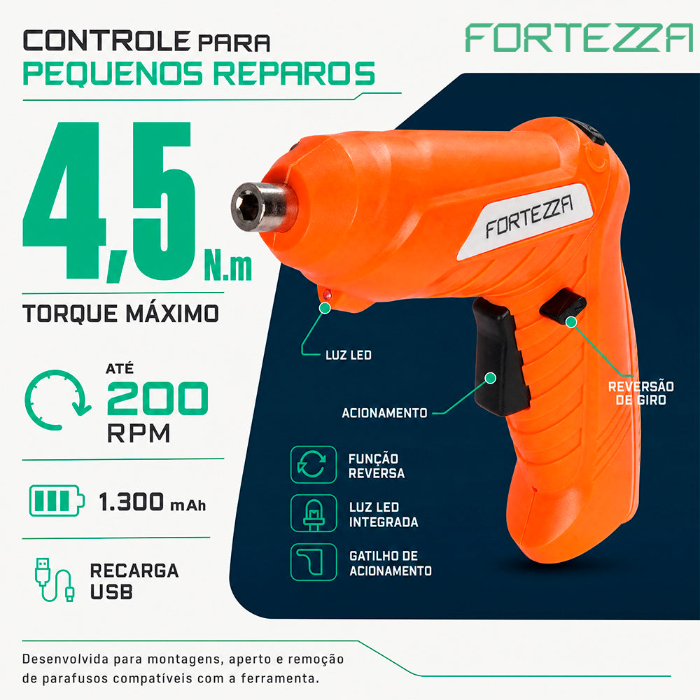 Combo Multifunção de Ferramentas com Parafusadeira Elétrica Recarregável Fortezza 3,6V USB