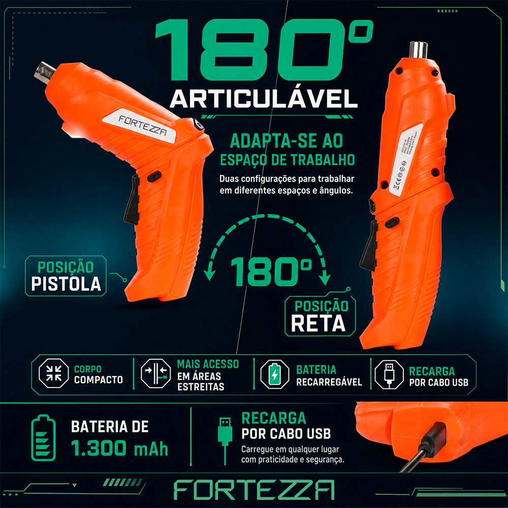 Combo Multifunção de Ferramentas com Parafusadeira Elétrica Recarregável Fortezza 3,6V USB