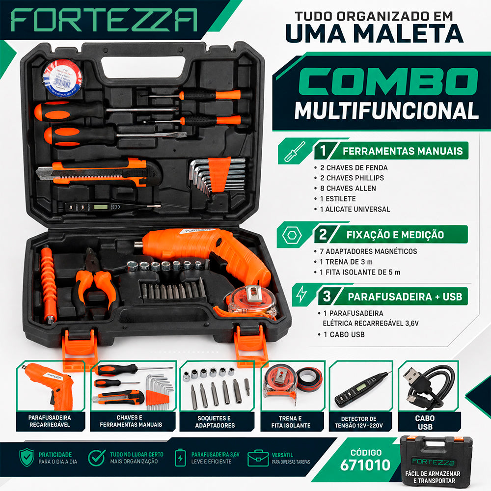 Combo Multifunção de Ferramentas com Parafusadeira Elétrica Recarregável Fortezza 3,6V USB