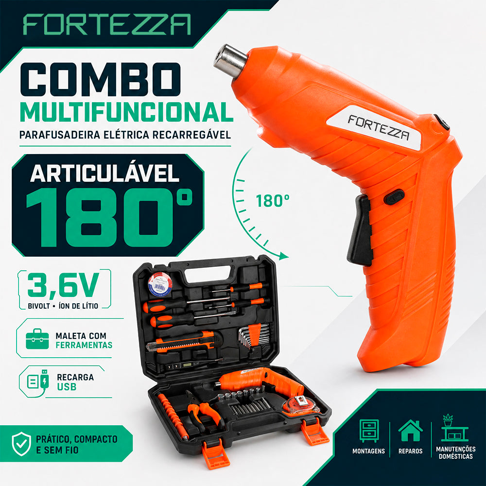 Combo Multifunção de Ferramentas com Parafusadeira Elétrica Recarregável Fortezza 3,6V USB