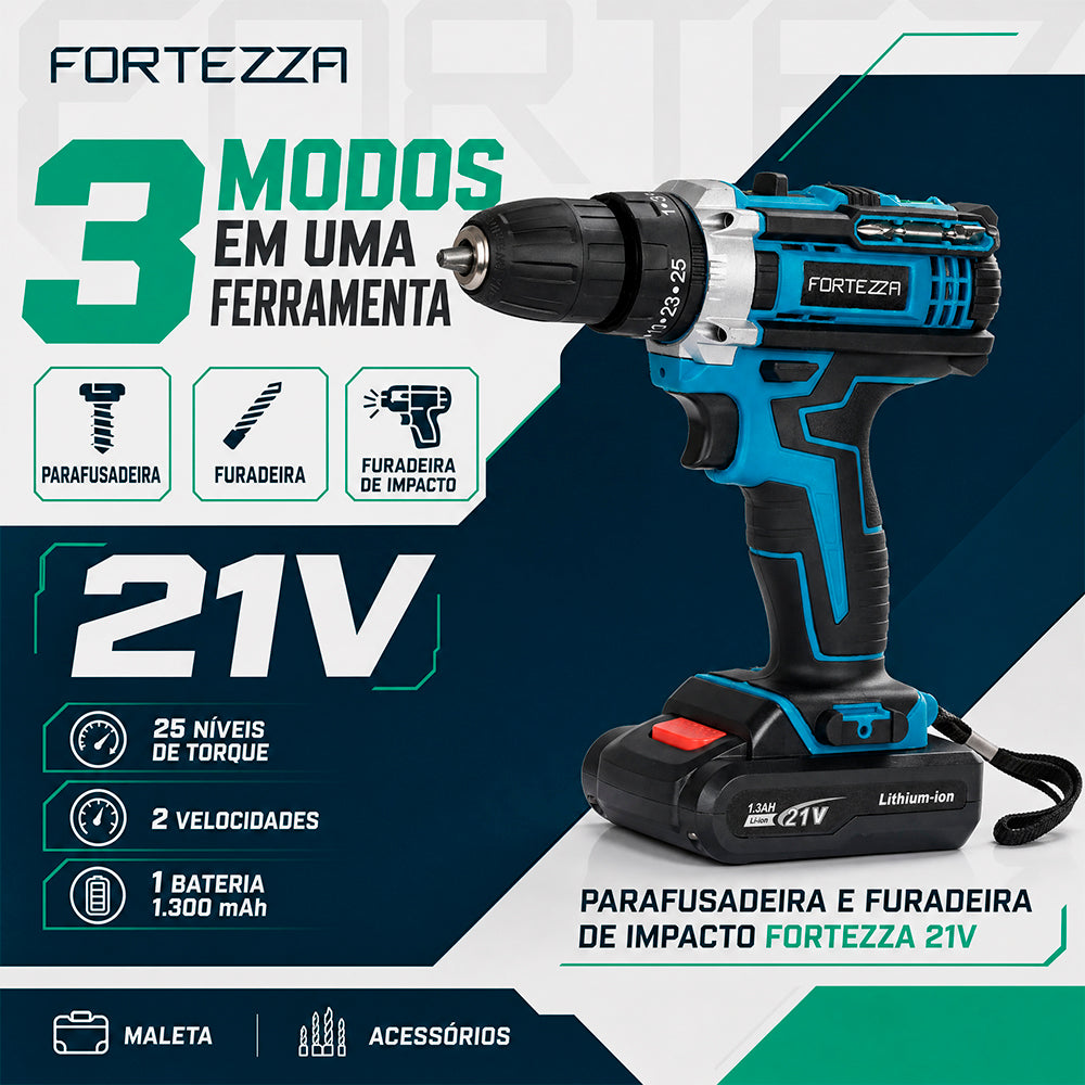 Maleta com parafusadeira e furadeira 21V com 1 bateria Fortezza