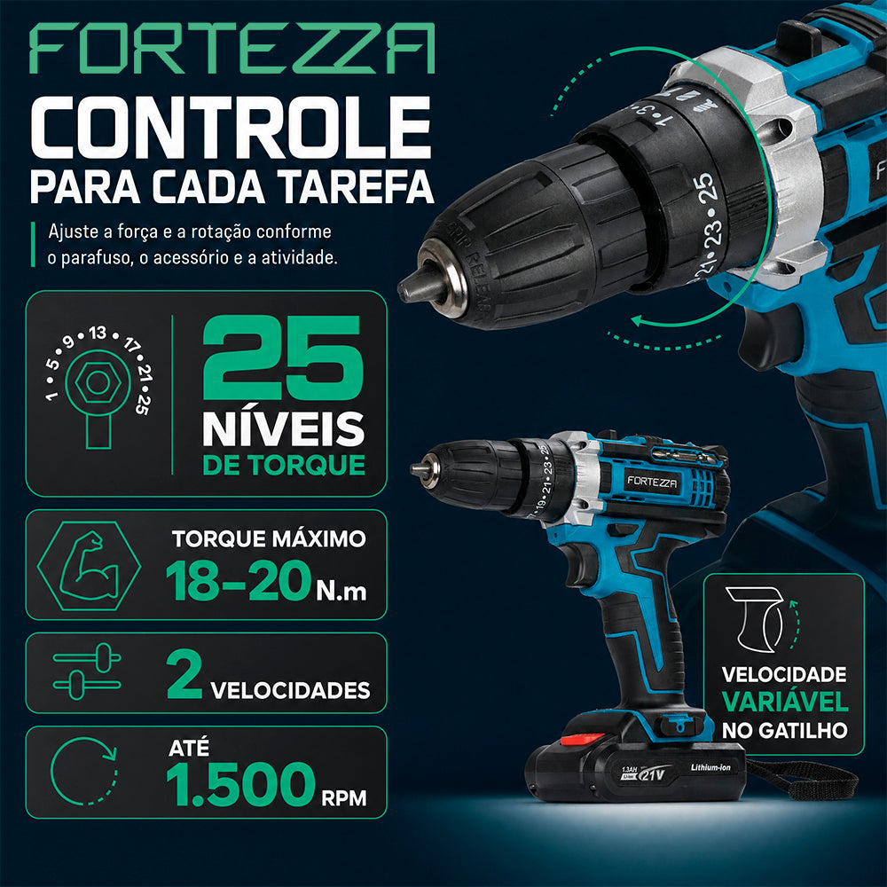 Maleta com parafusadeira e furadeira 21V com 1 bateria Fortezza