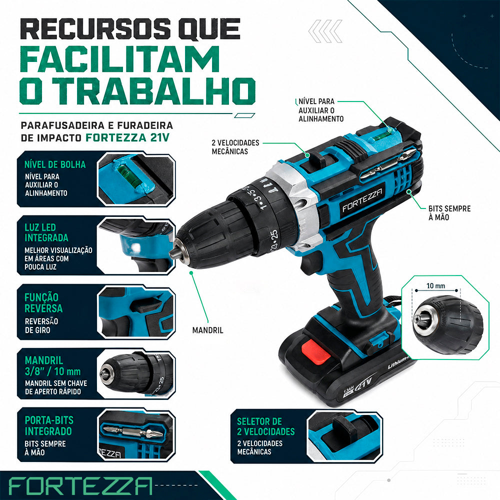 Maleta com parafusadeira e furadeira 21V com 1 bateria Fortezza