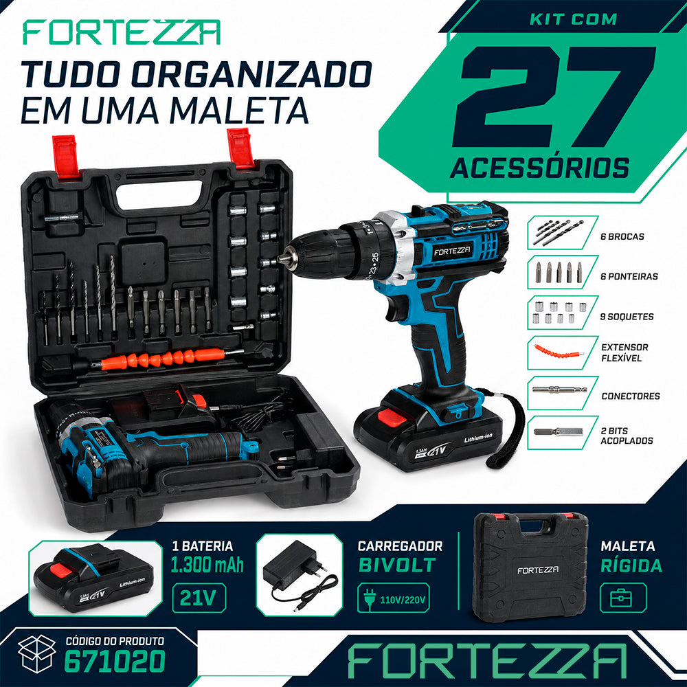 Maleta com parafusadeira e furadeira 21V com 1 bateria Fortezza