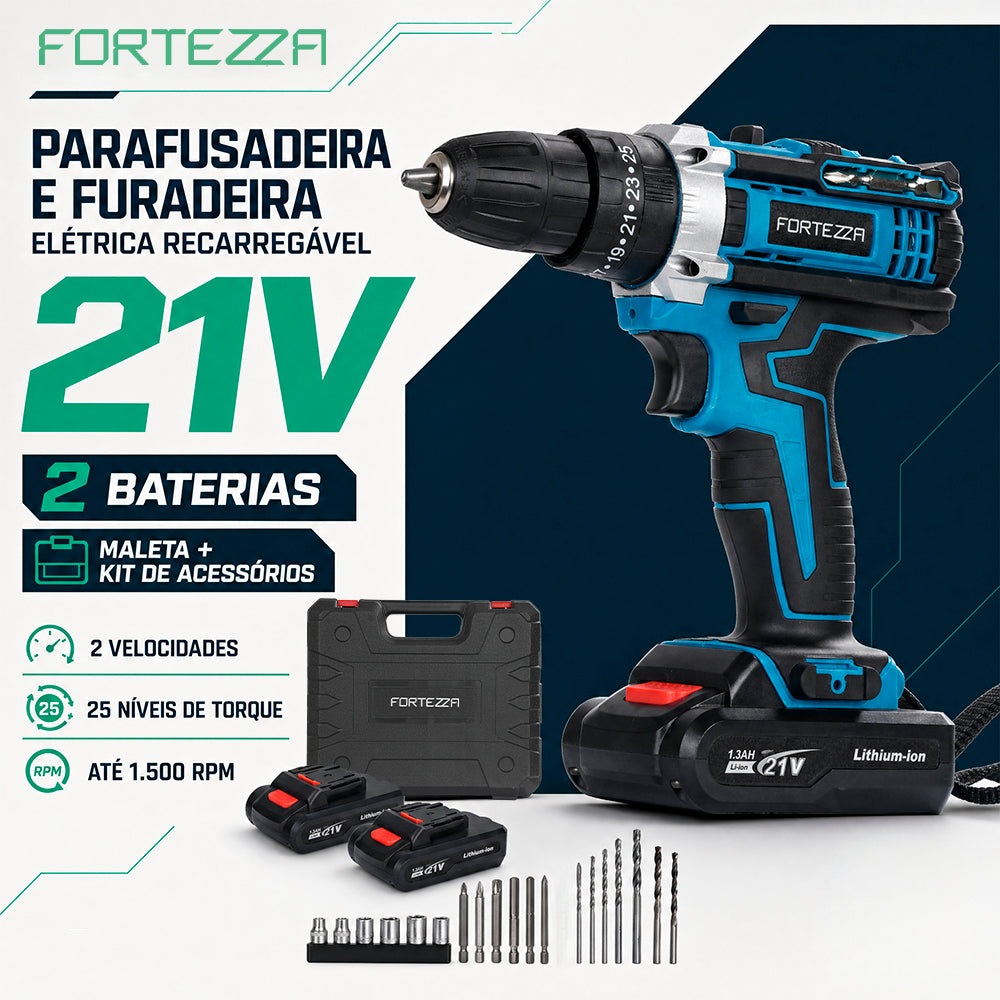 Maleta com parafusadeira e furadeira 21V com 2 baterias Fortezza