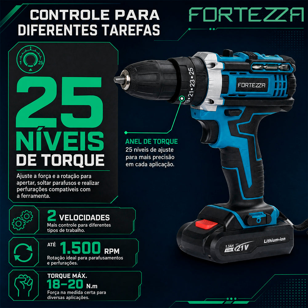 Maleta com parafusadeira e furadeira 21V com 2 baterias Fortezza