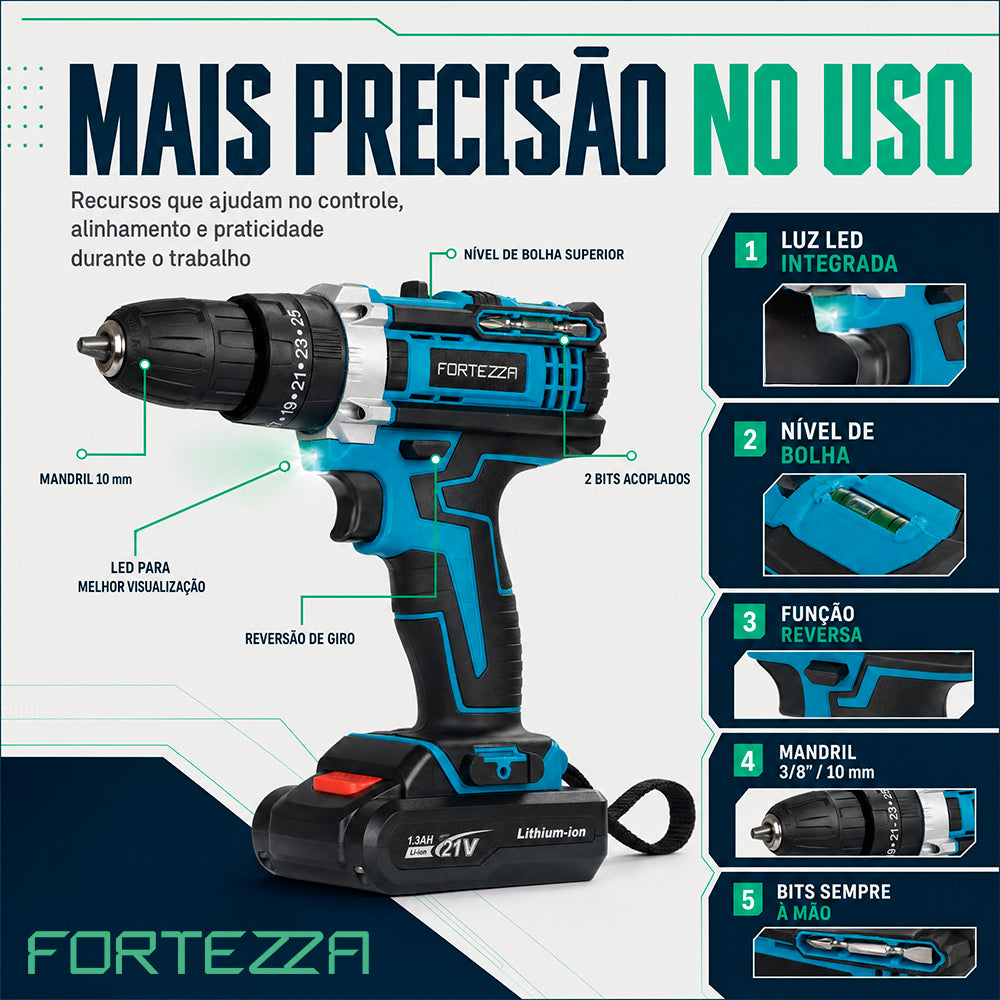 Maleta com parafusadeira e furadeira 21V com 2 baterias Fortezza