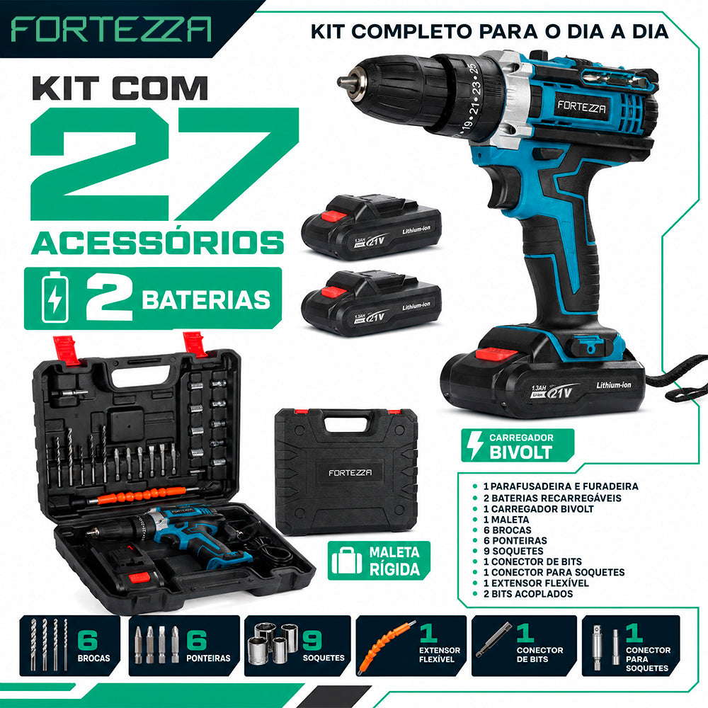 Maleta com parafusadeira e furadeira 21V com 2 baterias Fortezza