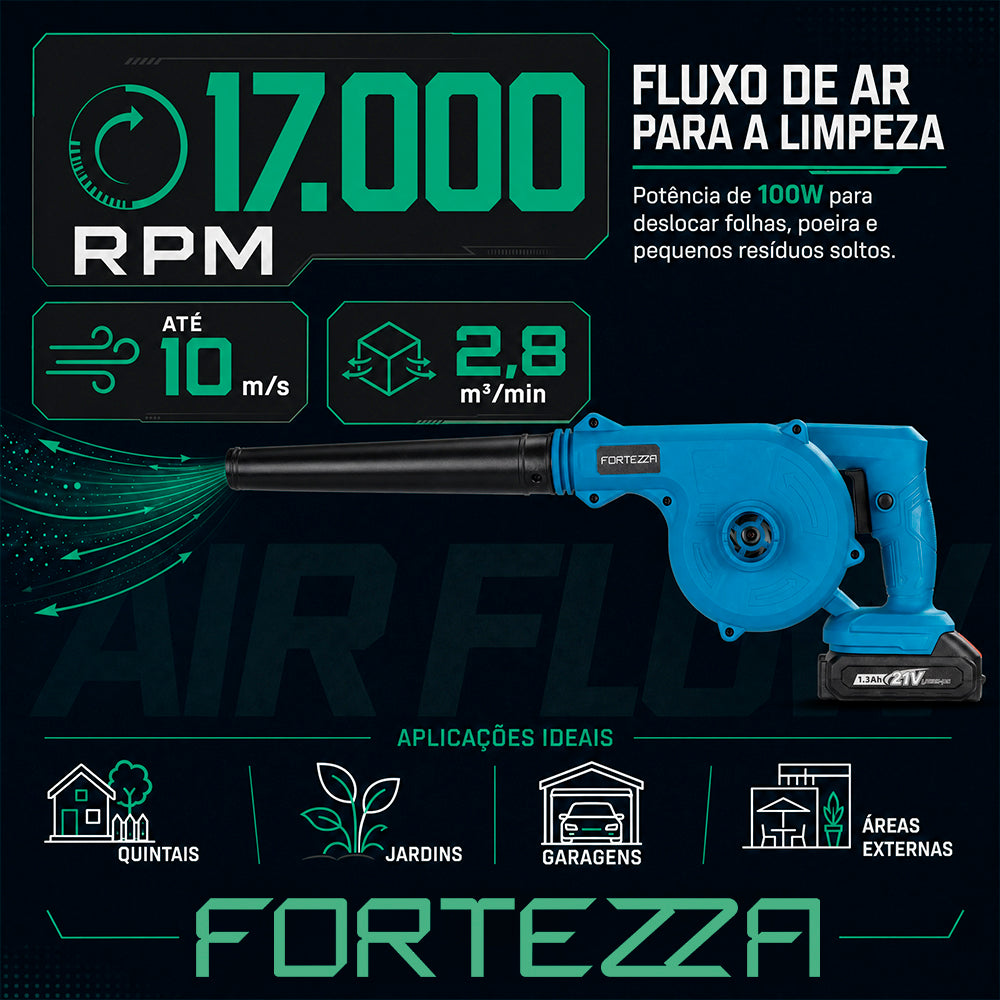 Soprador de folhas elétrico recarregável com 2 baterias Fortezza