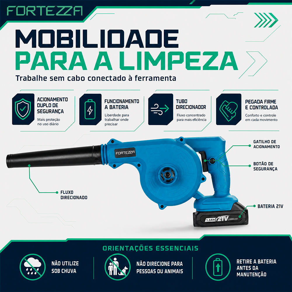 Soprador de folhas elétrico recarregável com 2 baterias Fortezza