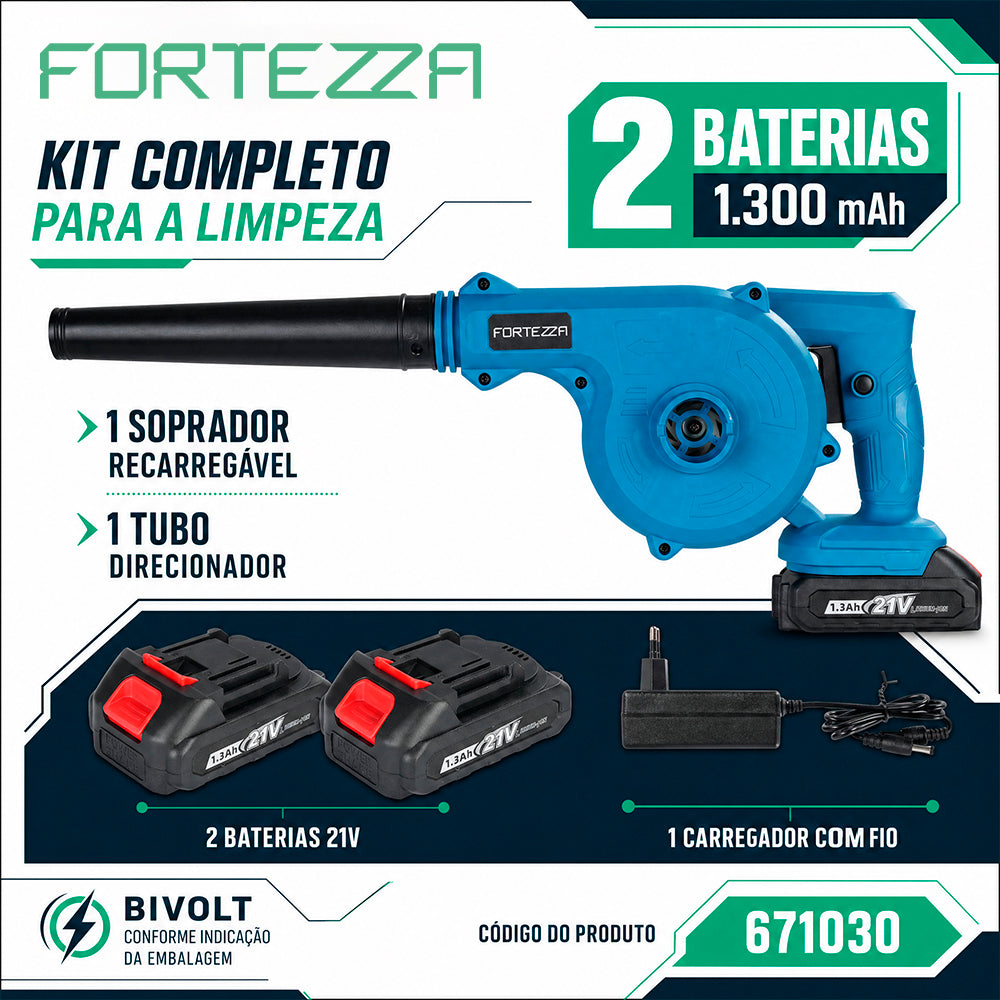 Soprador de folhas elétrico recarregável com 2 baterias Fortezza