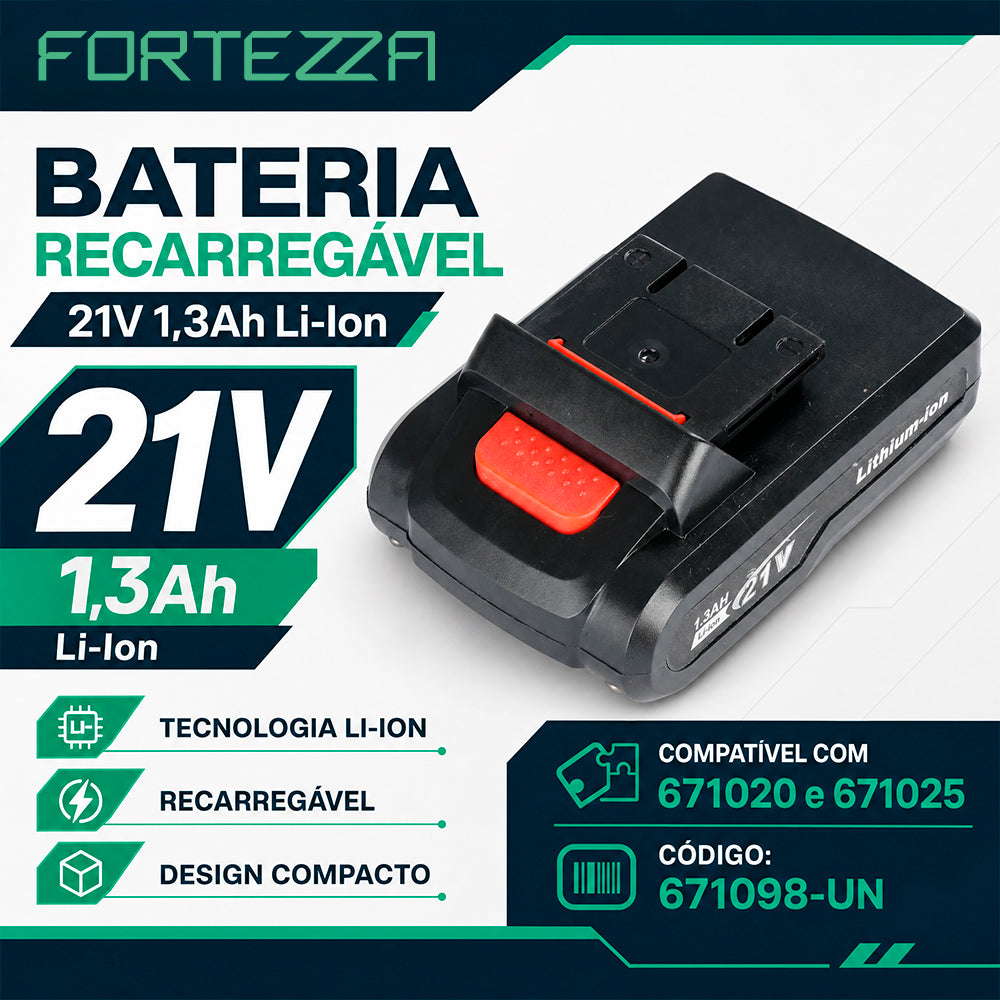 Bateria Recarregável 21V P 1,3Ah Li-Ion para Ferramentas Elétricas Fortezza