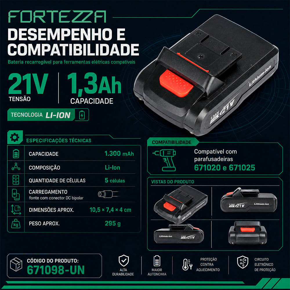 Bateria Recarregável 21V P 1,3Ah Li-Ion para Ferramentas Elétricas Fortezza