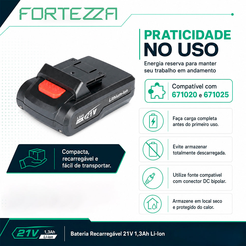 Bateria Recarregável 21V P 1,3Ah Li-Ion para Ferramentas Elétricas Fortezza