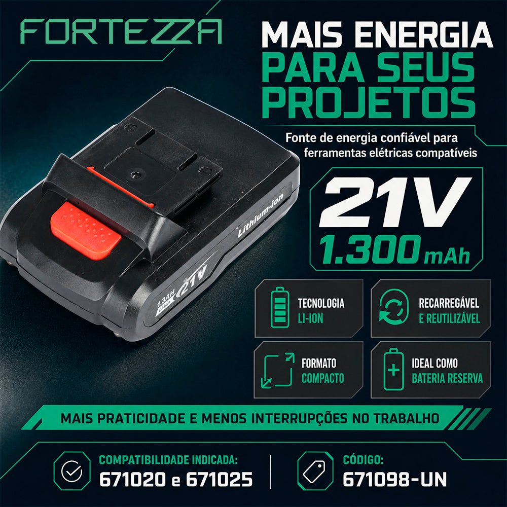 Bateria Recarregável 21V P 1,3Ah Li-Ion para Ferramentas Elétricas Fortezza