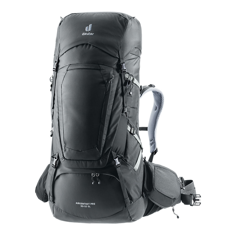 Mochila para Trekking 65+10L Aircontact Pro Deuter com Capa de Chuva, Bolsos Expansíveis e Compartimento de Hidratação
