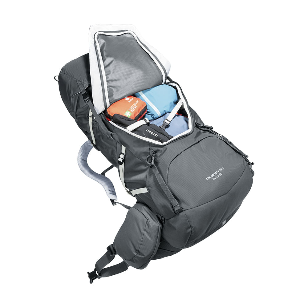 Mochila para Trekking 65+10L Aircontact Pro Deuter com Capa de Chuva, Bolsos Expansíveis e Compartimento de Hidratação