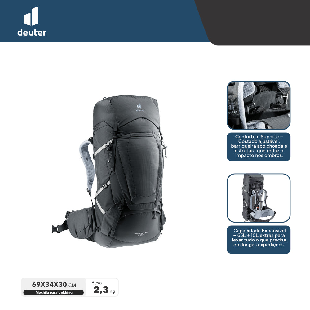 Mochila para Trekking 65+10L Aircontact Pro Deuter com Capa de Chuva, Bolsos Expansíveis e Compartimento de Hidratação