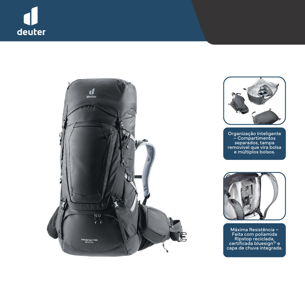 Mochila para Trekking 65+10L Aircontact Pro Deuter com Capa de Chuva, Bolsos Expansíveis e Compartimento de Hidratação