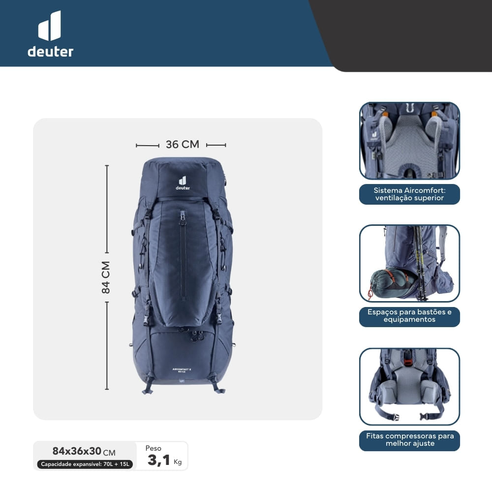 Mochila para Trekking Aircontact X 70+15 Deuter