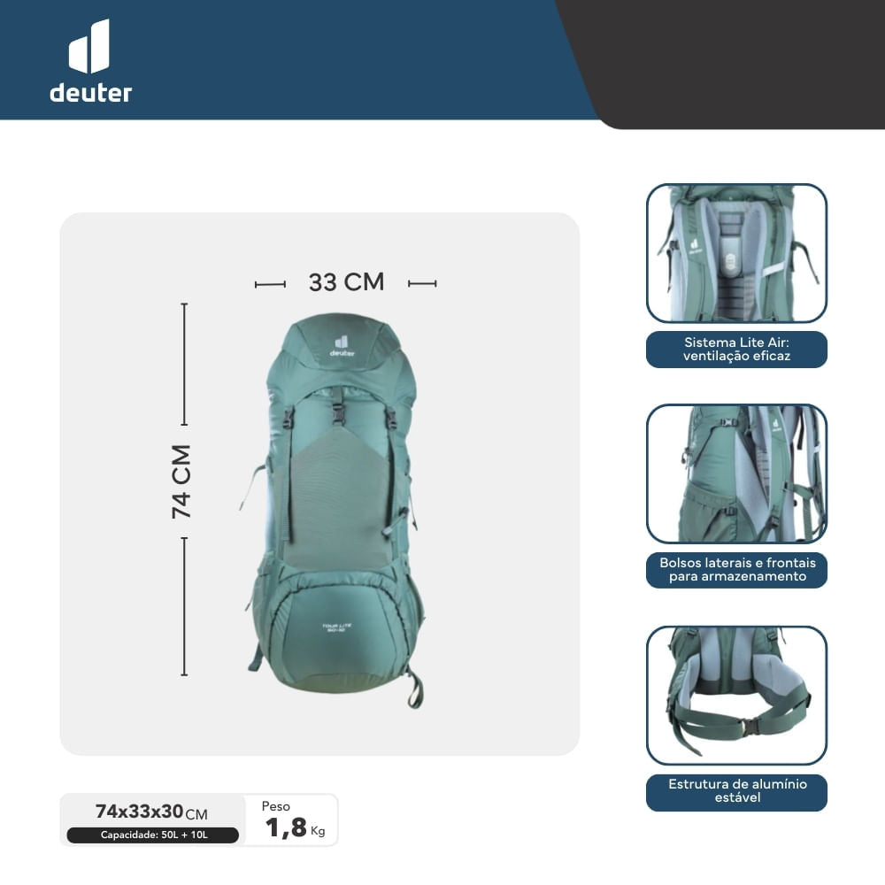 Mochila para Trekking Tour Lite 50+10 Deuter