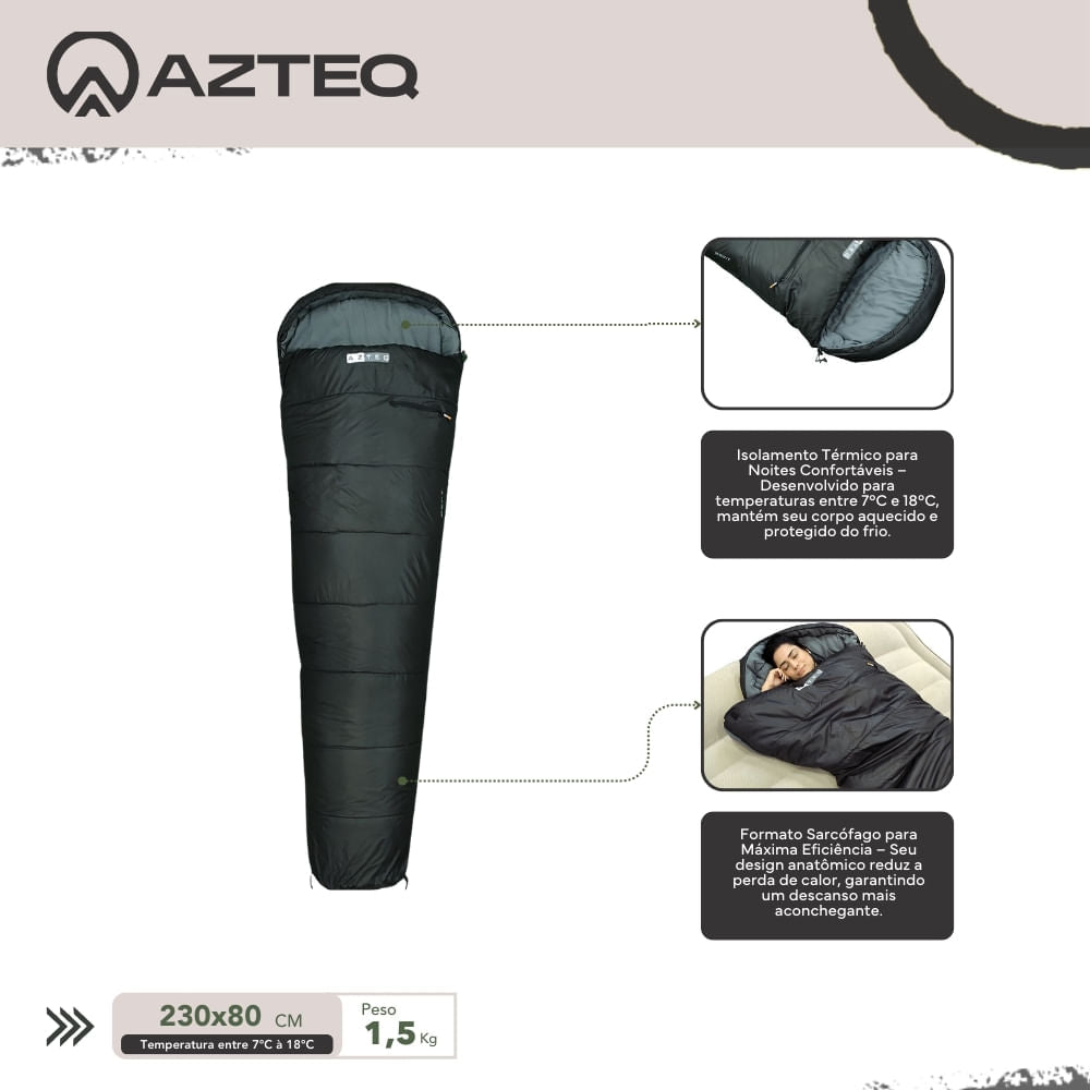 Saco de Dormir Sarcófago Heat Azteq, Aquecimento, Ripstop, Suporta de 7°C a 18°C