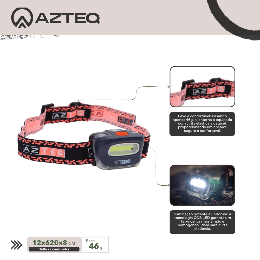 Lanterna de cabeça LED COB Azteq Kashina 140 lúmens Alcance de até 30m e 2 Modos de Iluminação