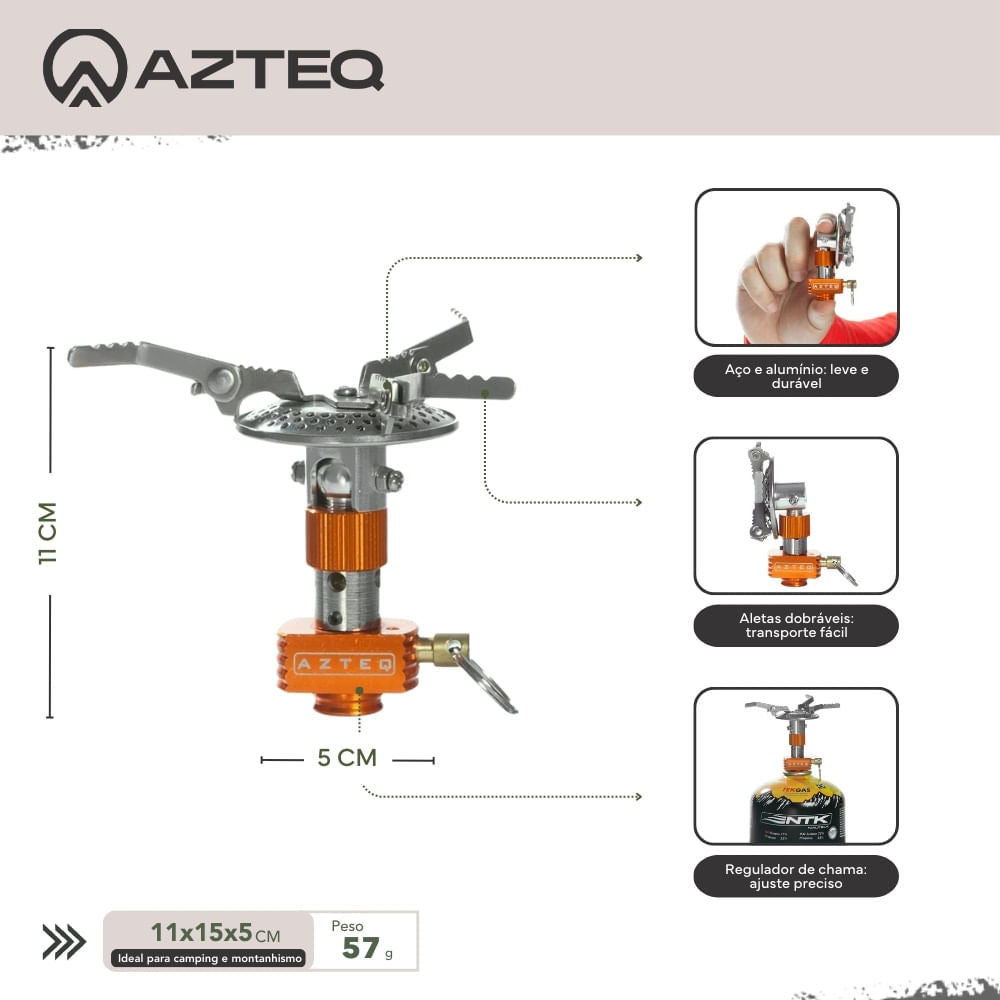 Mini fogareiro Azteq Spark com quimador reclinável para facilitar o transporte