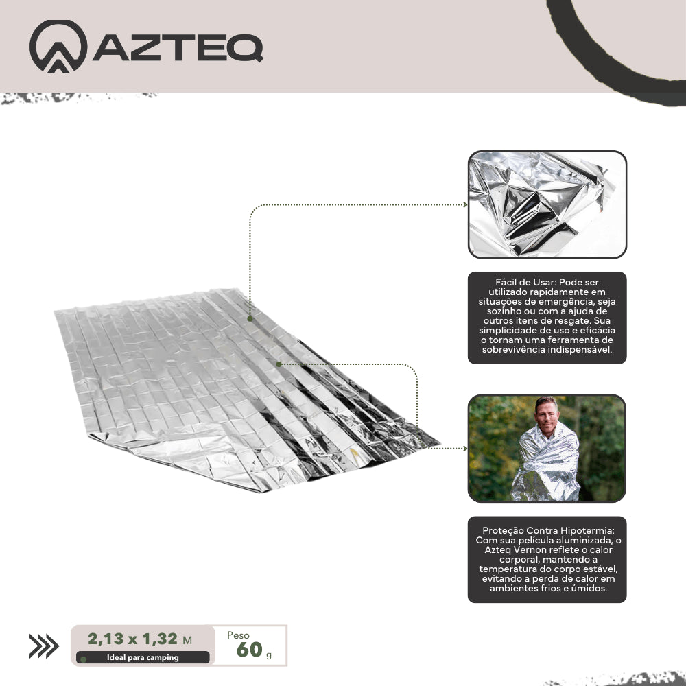 Cobertor de Emergência 2,13 x 1,32 m Azteq Vernon Proteção Contra Hipotermia