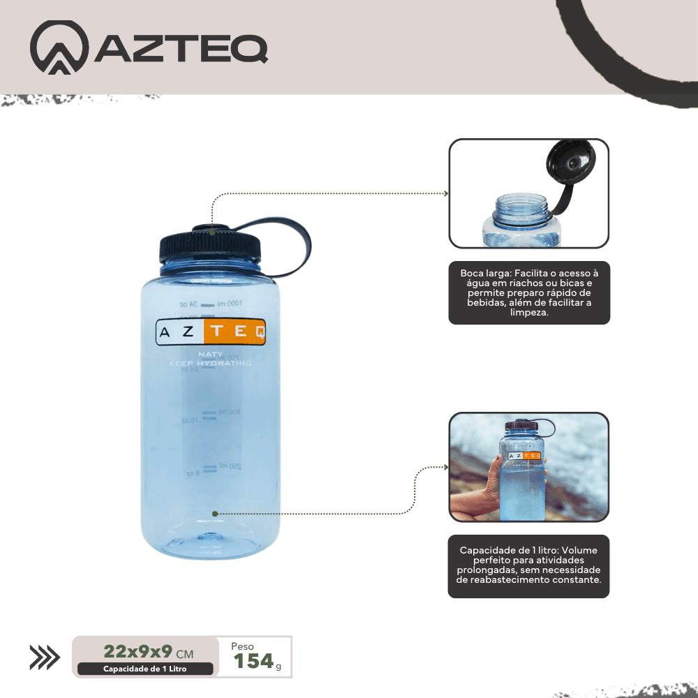 Garrafa de Hidratação 1L Naty Azteq com Alça Loop Top e Medidor Livre de BPA