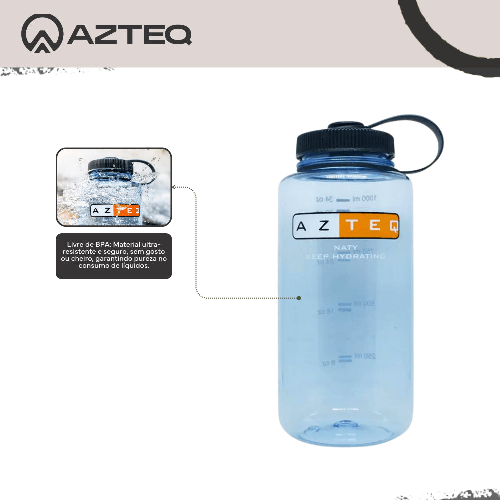 Garrafa de Hidratação 1L Naty Azteq com Alça Loop Top e Medidor Livre de BPA