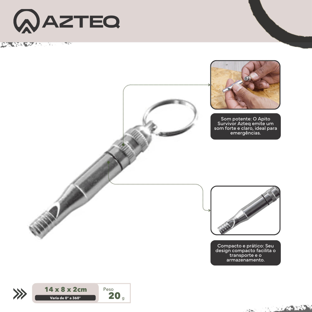 Apito de Sobrevivência em Alumínio Survivor Azteq Alta Potência de Som com Argola para Chaveiro