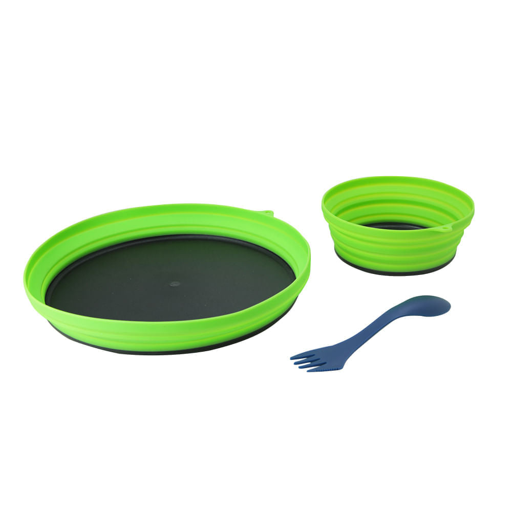 Conjunto de Cozinha Portátil Dobrável com 3 Peças Prato, Bowl e Garfo Kit Dish Azteq Compacto e Livre de BPA