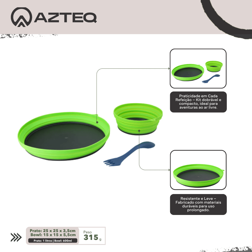 Conjunto de Cozinha Portátil Dobrável com 3 Peças Prato, Bowl e Garfo Kit Dish Azteq Compacto e Livre de BPA