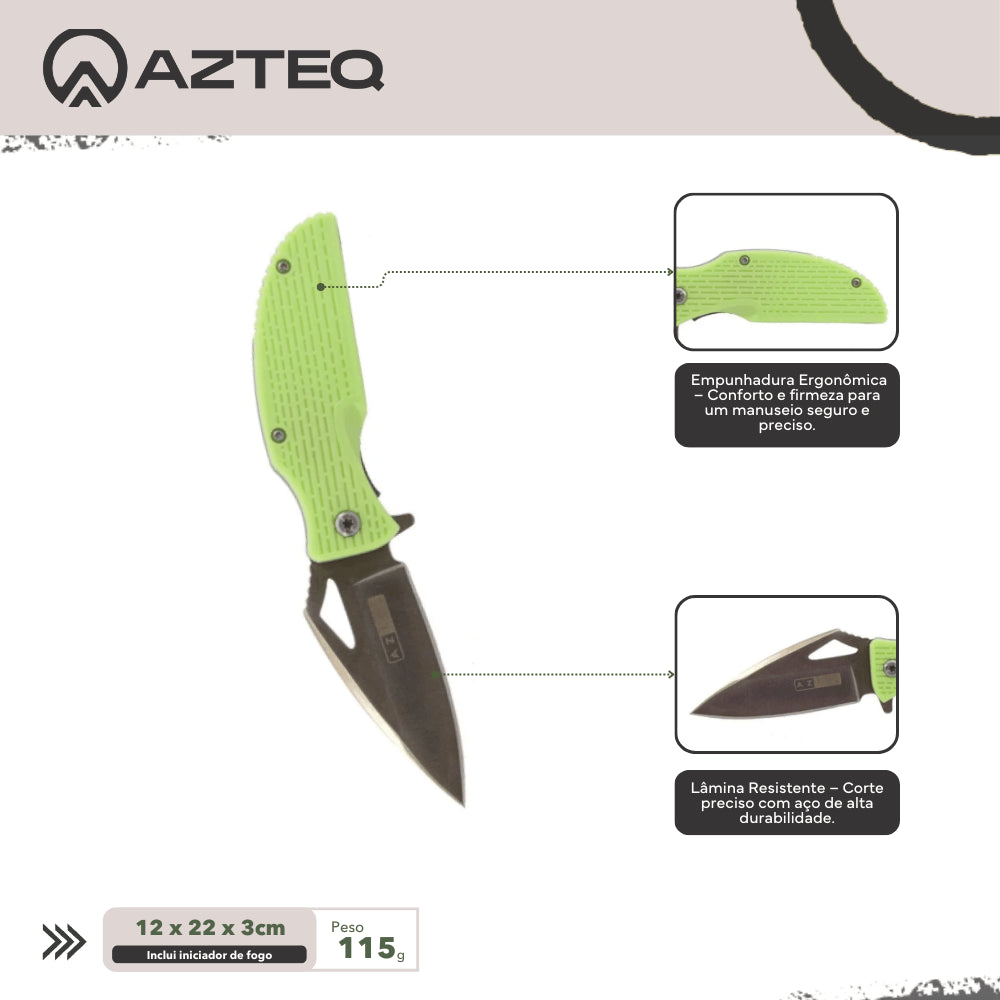 Canivete Kwik Azteq com Iniciador de Fogo, Sistema de Trava Lateral e Acionamento com Uma Mão