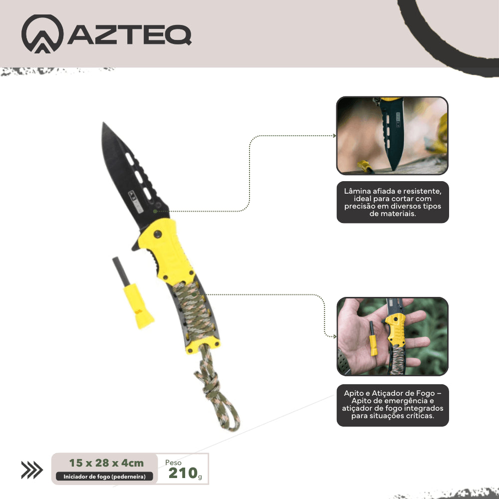 Canivete para Camping com Pederneira, Apito e Clip de Fixação Xisco Azteq