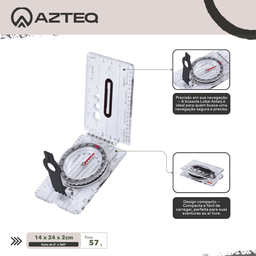 Bússola Dobrável Lokal Azteq com Lente de Aumento e Régua Escala 0° a 360°