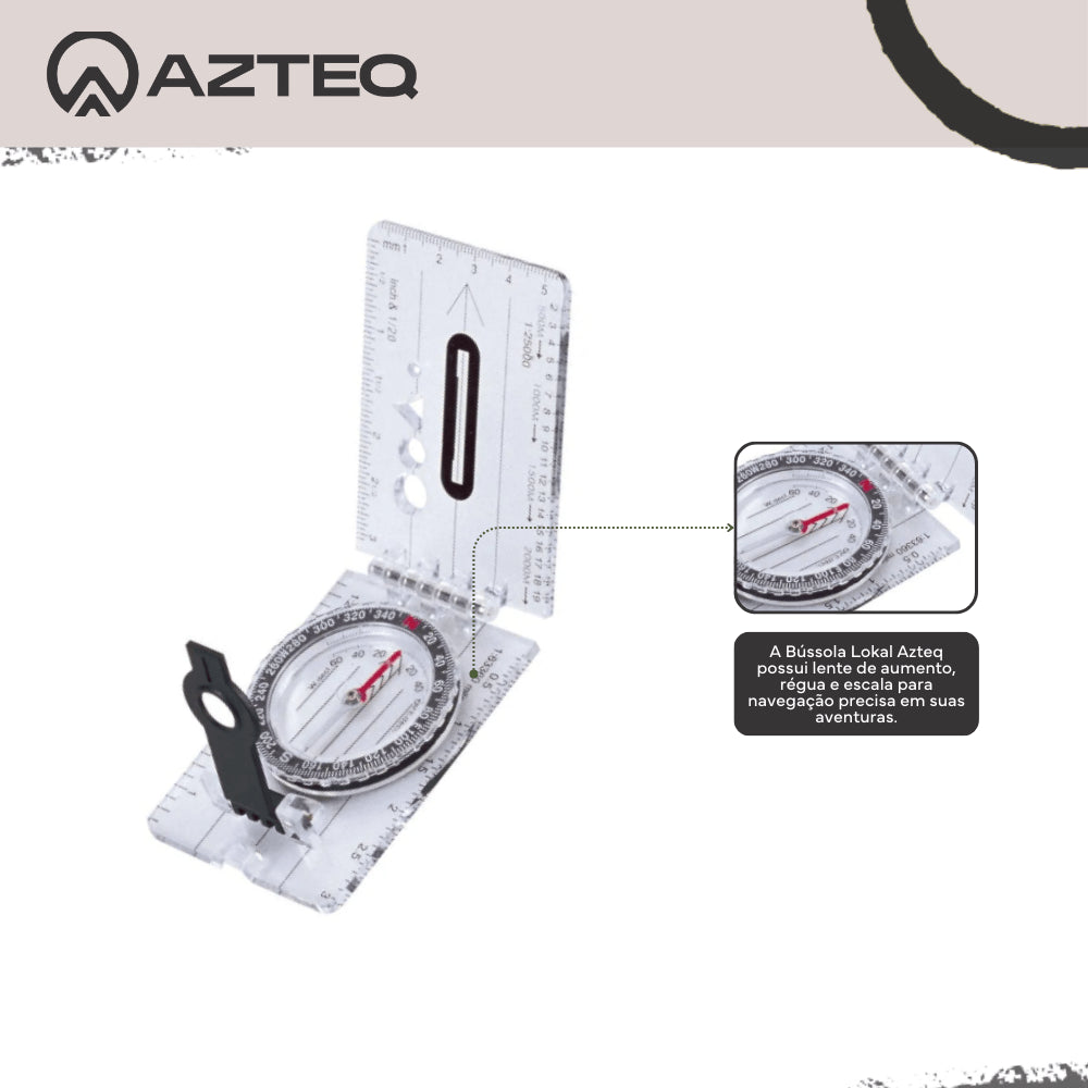 Bússola Dobrável Lokal Azteq com Lente de Aumento e Régua Escala 0° a 360°