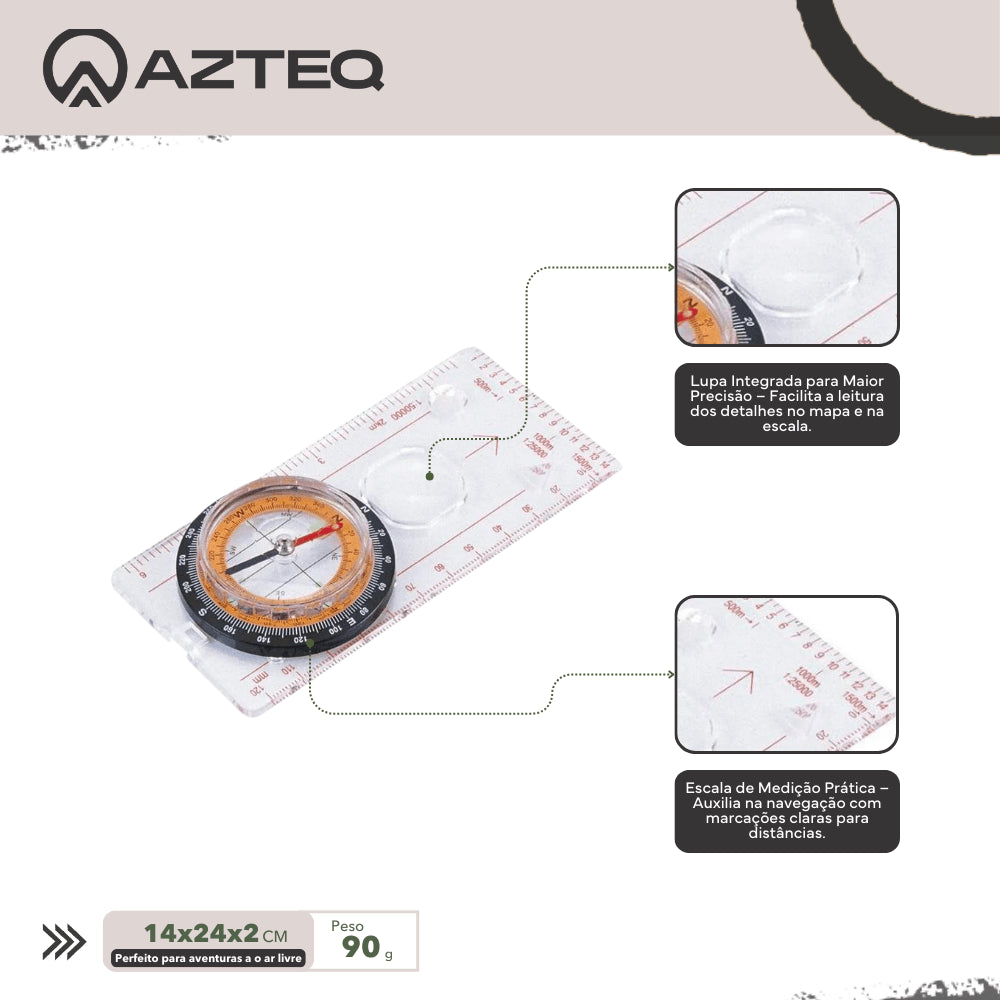 Bússola com Régua e Lupa Oriente Azteq Indicadores com Tinta Fluorescente