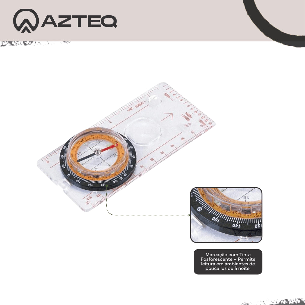 Bússola com Régua e Lupa Oriente Azteq Indicadores com Tinta Fluorescente