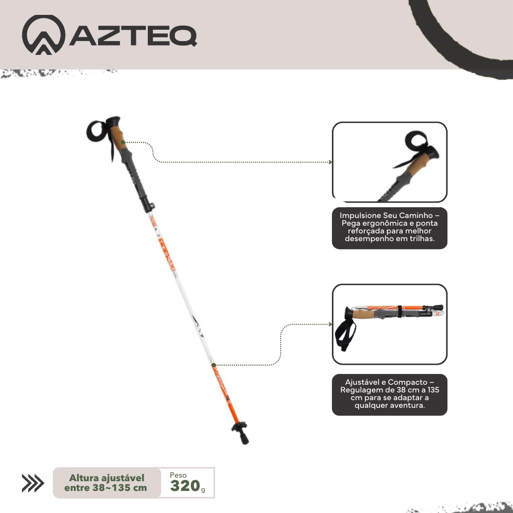 Bastão de Caminhada 115cm - 135cm, Trava Rápida e Manopla de Cortiça Actos Azteq