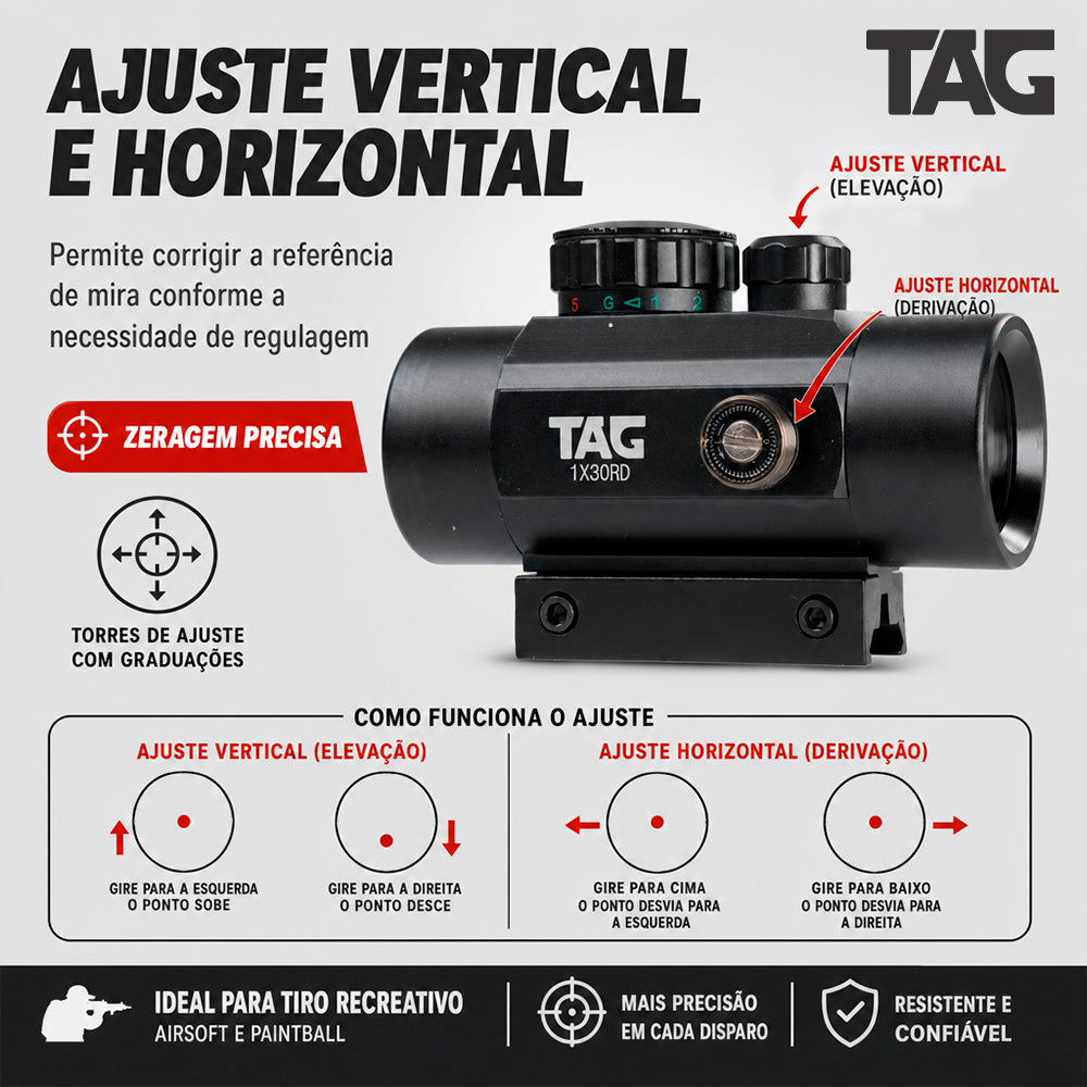 Mira Red Dot TAG 1x30RD para Trilhos 11/22 mm
