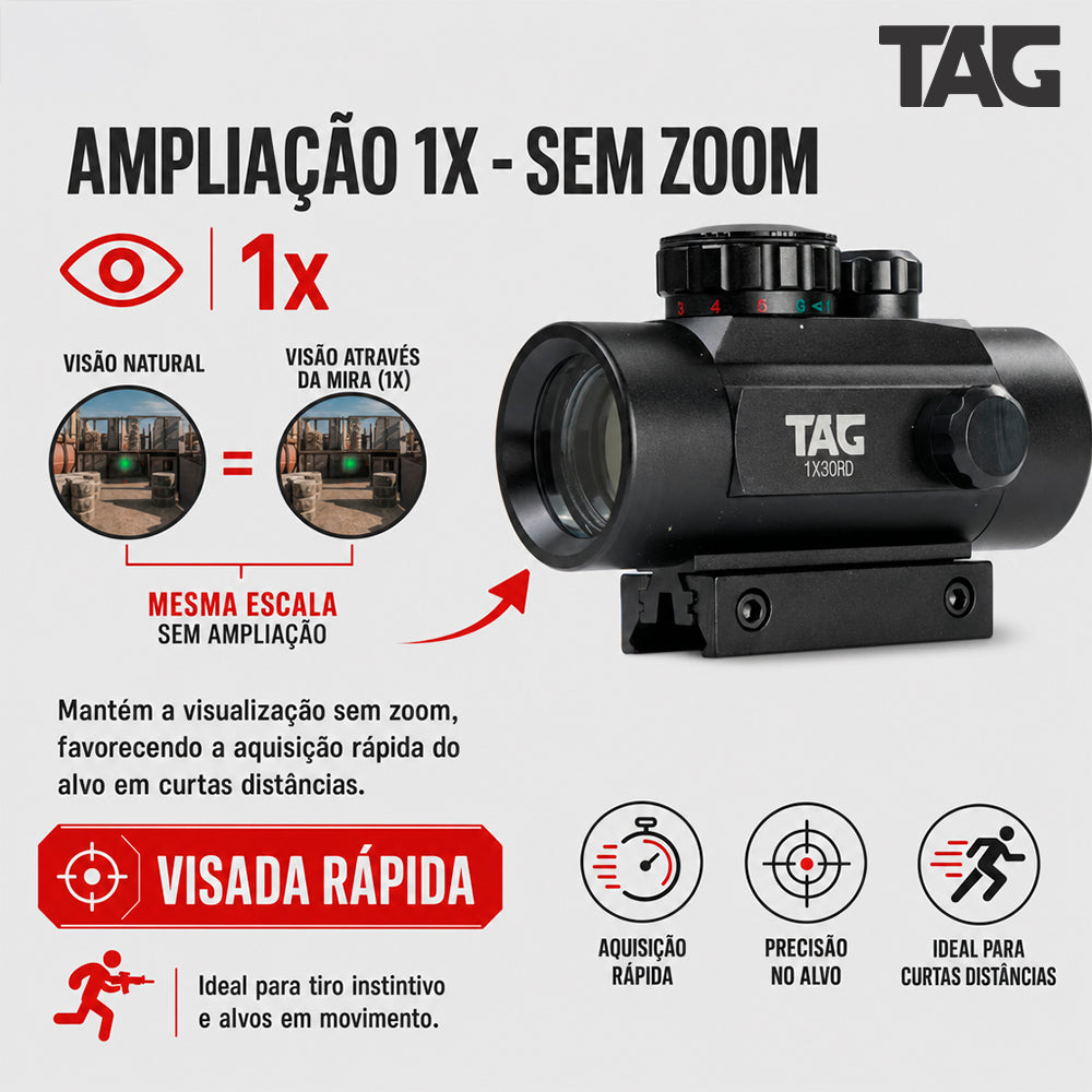 Mira Red Dot TAG 1x30RD para Trilhos 11/22 mm