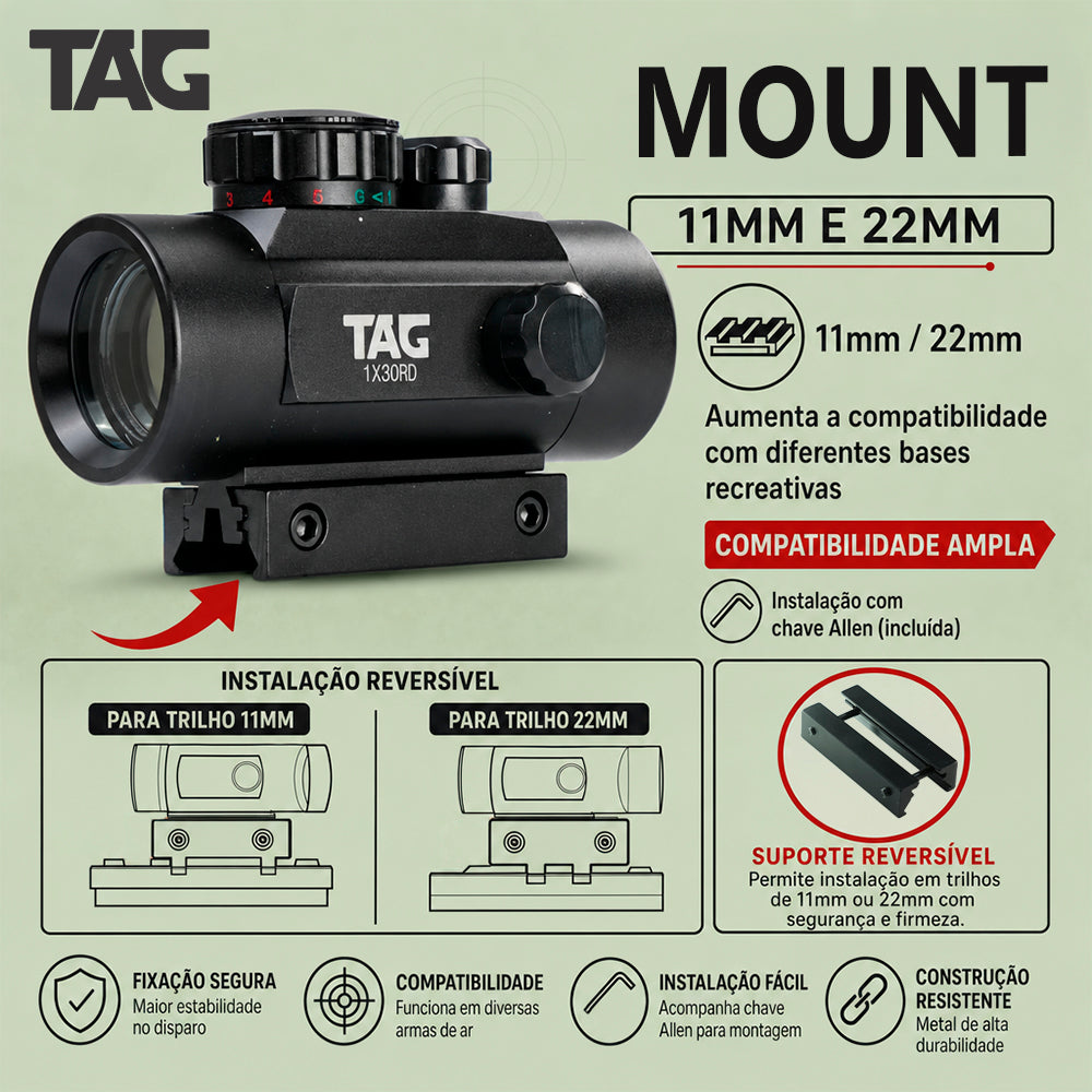 Mira Red Dot TAG 1x30RD para Trilhos 11/22 mm