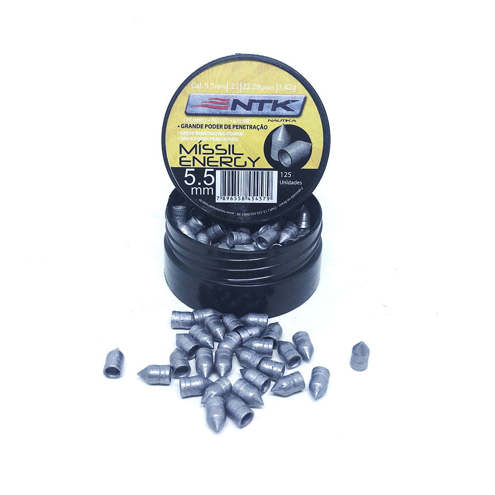 Chumbinho Míssil Energy 5,5 mm TAG com grande poder de penetração - 125 peças